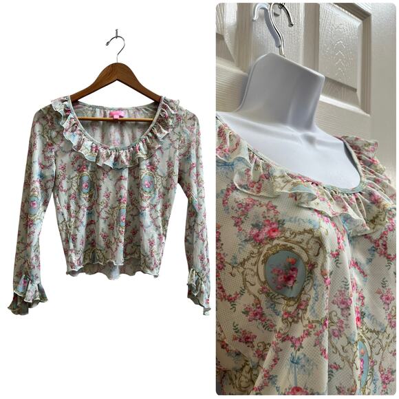 Dolls Kill Sugar Thrillz Semi Sheer Print Ruffle Trim Blouse Size Large Coquette - Picture 1 of 15